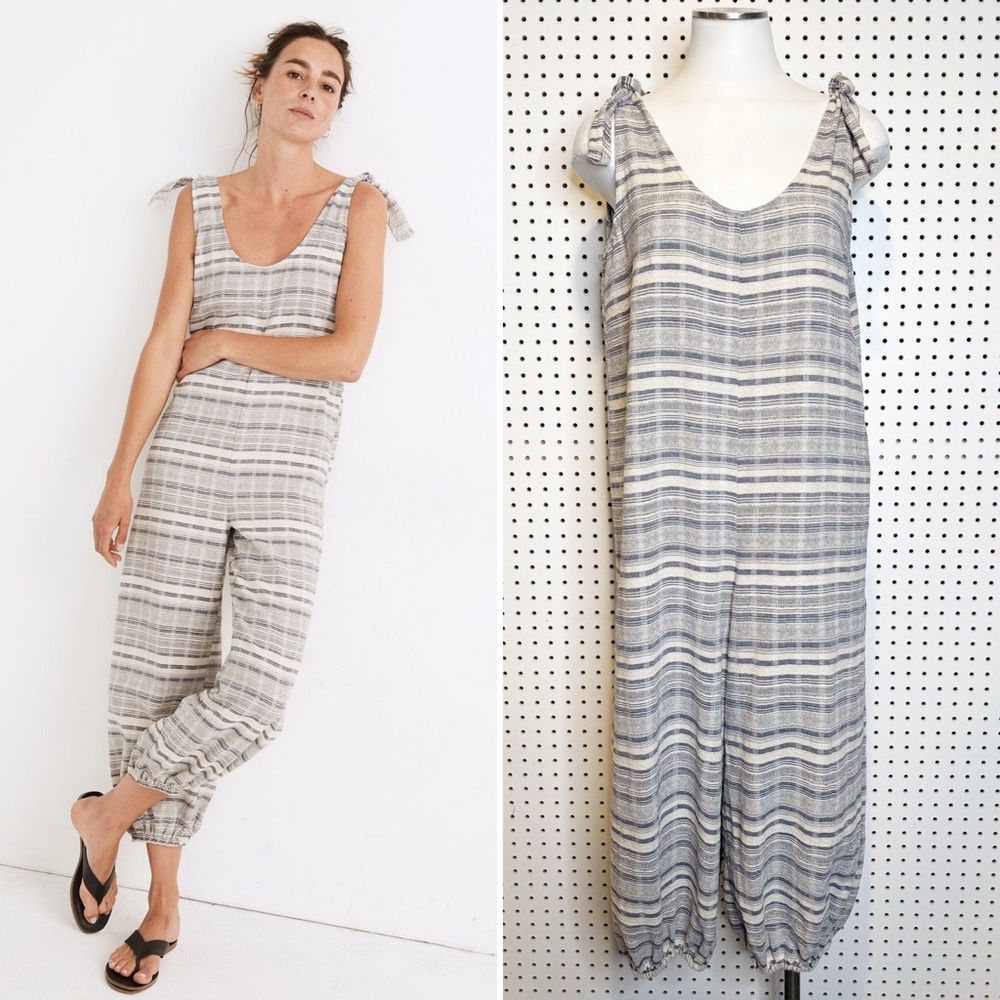 Madewell | Tie-Strap Balloon Cover-Up Jumpsuit in Stripe Bluejay Sz. L